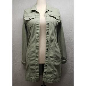 RE Generation Longline Denim Jacket Sz XL Desert Sage Stretch Button Front